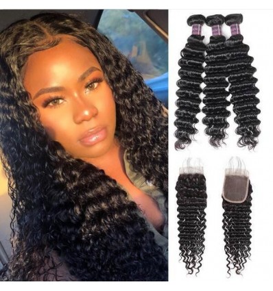 Jada Malaysian Deep Wave Human Hair Bundles with Lace Closure Extension