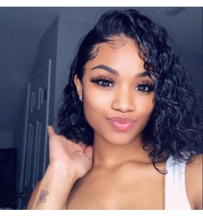 Jada Free Part Black Brazilian Short Bob Deep Wave Wigs with Lace Front
