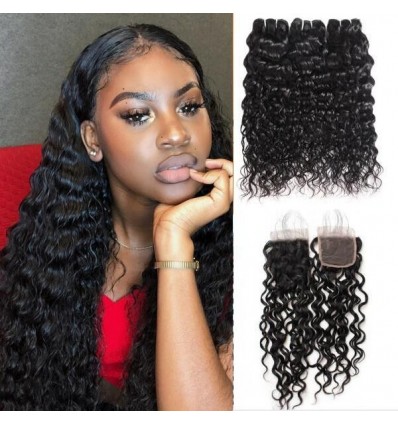 Jada Promotion Water Wave Malaysian Hair 4 Bundles with Lace Closure